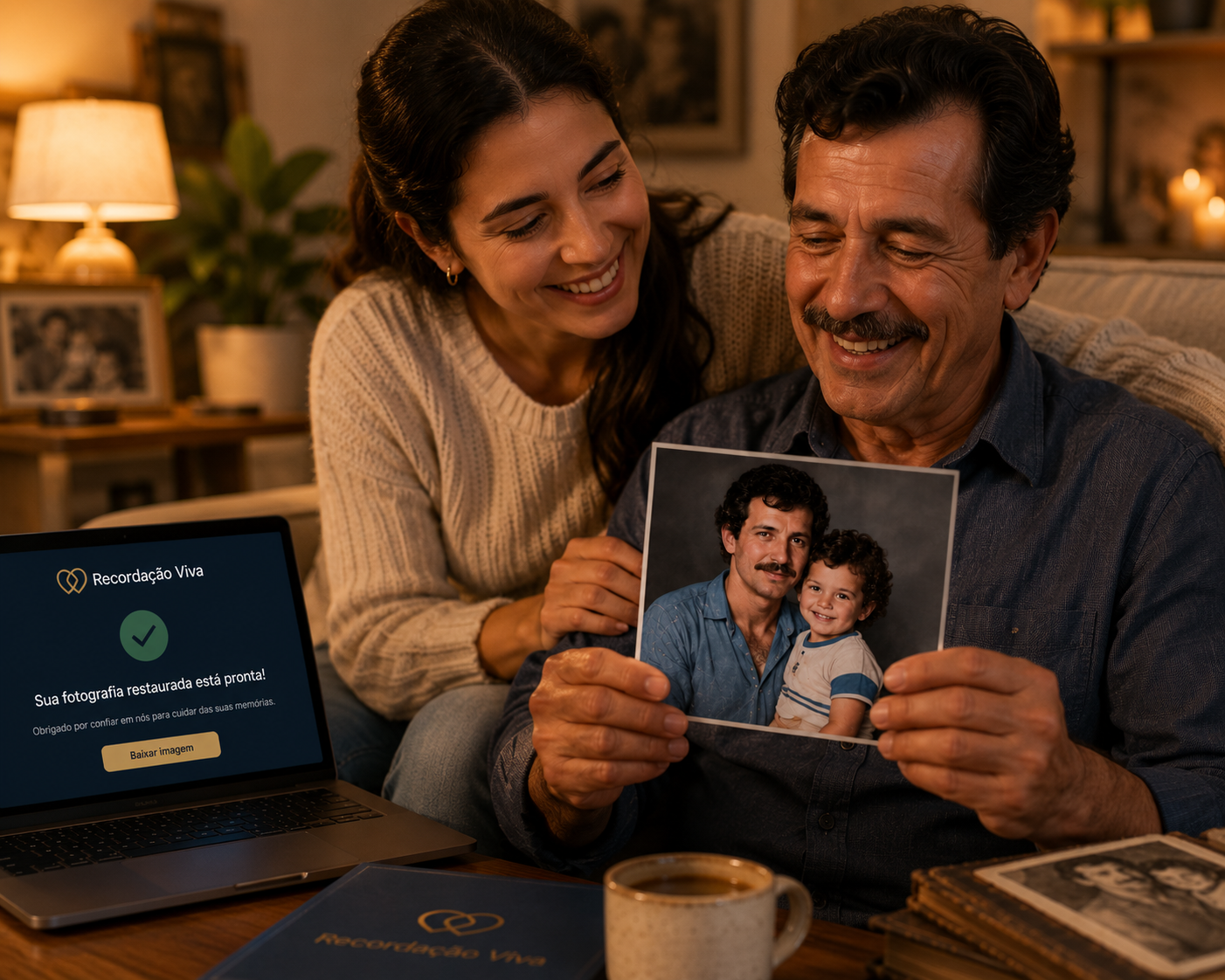 Família emocionada segurando a fotografia restaurada impressa