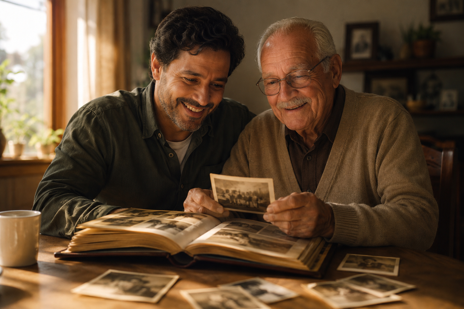 Pai e filho revivendo memórias em um álbum de fotografias antigas